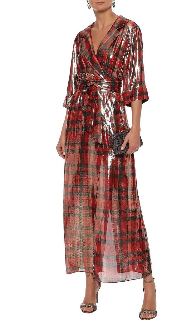 chap checked silk blend lam maxi wrap dress de chap de alice olivia