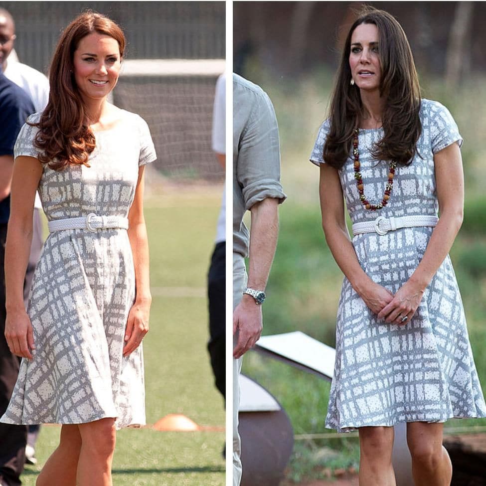 kate middleton con vestido de hobbs con boat neck barco y mangas cortas en 2012 y 2014