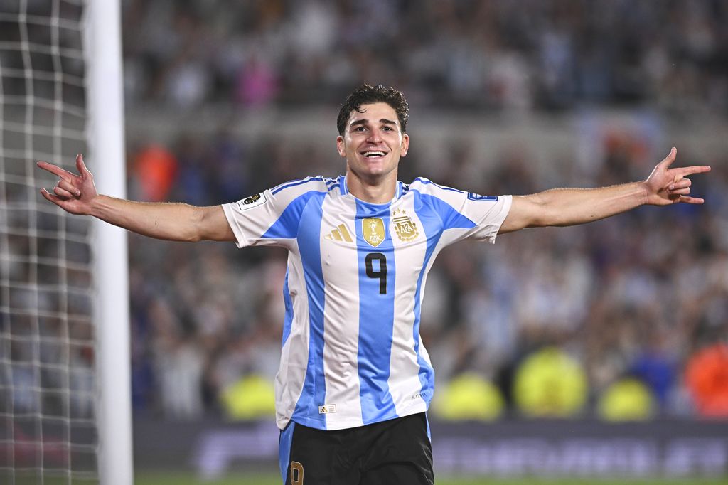 Julian Alvarez of Argentina celebrates after scoring the team's third goal during a FIFA World Cup 2026 Qualifier match between Argentina and Bolivia at Estadio Más Monumental Antonio Vespucio Liberti on October 15, 2024 in Buenos Aires, Argentina