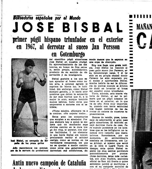 El artista recibió como regalo esta página de Mundo deportivo (del 5 de febrero de 1967) en la que se informa de la gran victoria de José Bisbal en el extranjero, el primer boxeador español que logró la victoria ese año fuera de España
