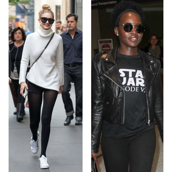 Camiseta estampada + leggings + cazadora moto. Todo en negro, como Lupita Nyong'o.
