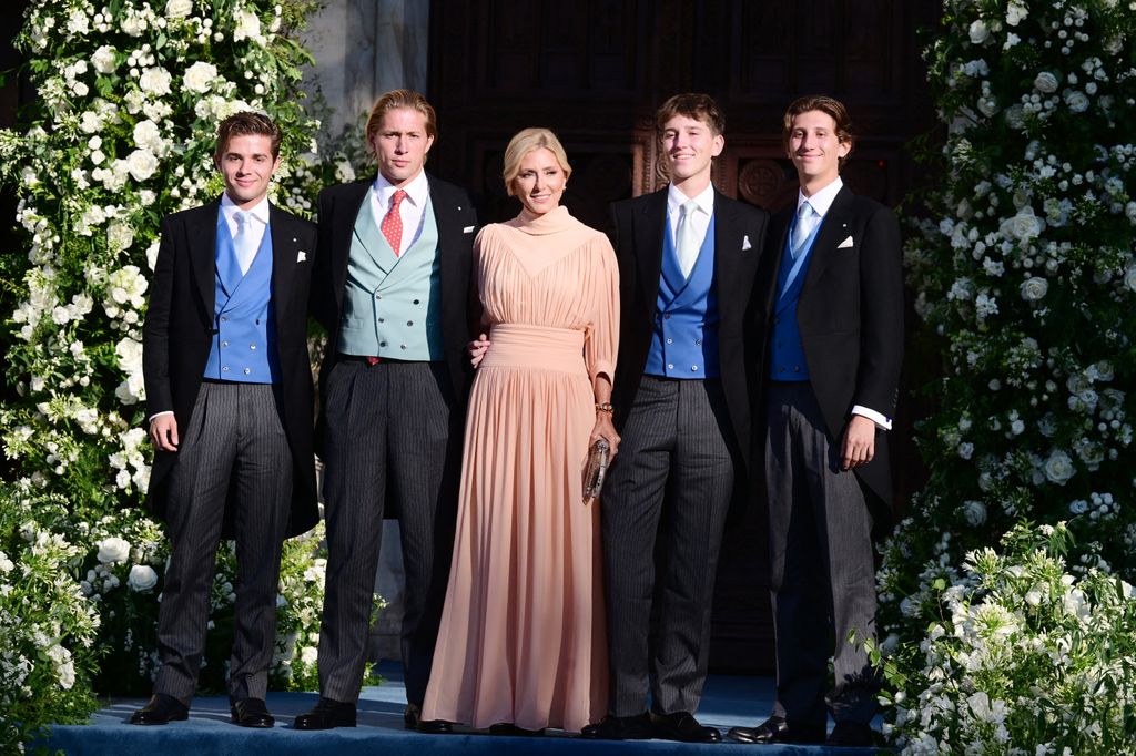 Marie-Princess Chantal of Greece with their son, Constantine Alexios, Achileas, Odysseas during the wedding of Theodora of Greece and Denmark and Matthew Kumar in Athens.