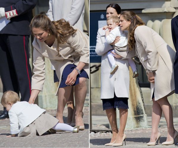 La princesa Magdalena - que dará a luz el próximo mes de junio- intentaba a duras penas que la pequeña Leonore se levantara del suelo del patio del Palacio Real de Estocolmo
