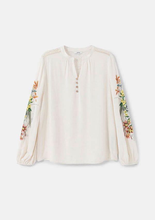 desigual blusa lino bordada flores verano