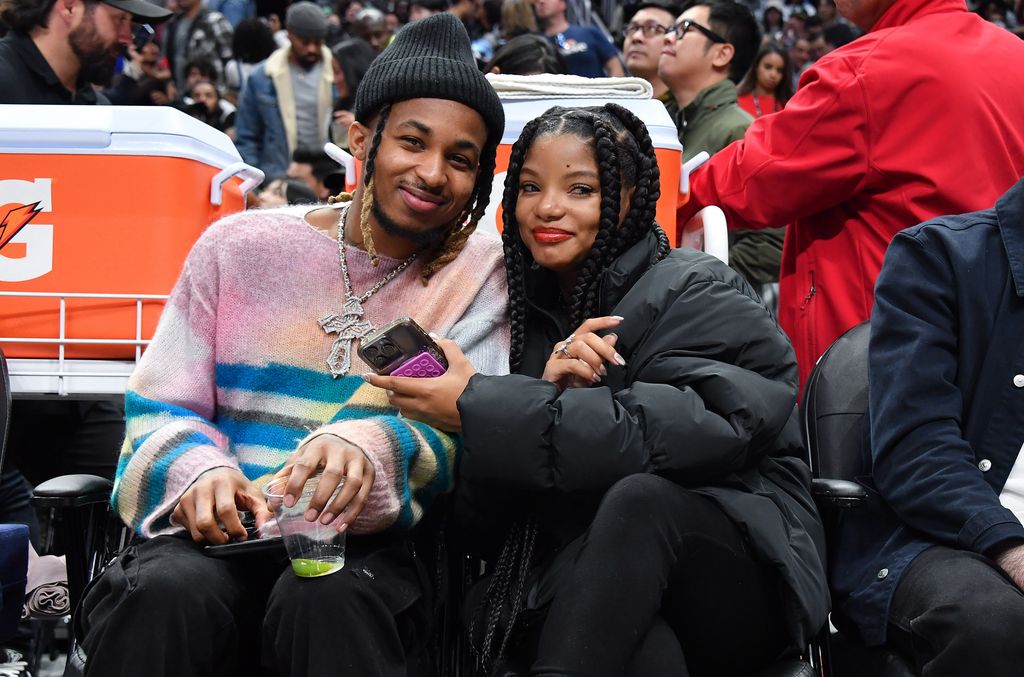 Halle Bailey and DDG at the basketball game between the Los Angeles Clippers and the Golden State Warriors 2023