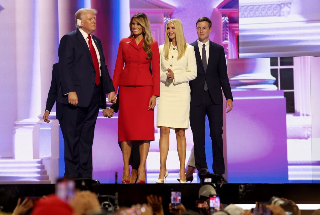 MILWAUKEE, WI JULY 18, 2024 -- Left to right, Republican presidential candidate former President Donald Trump, Melania Trump, Ivanka Trump and Jared Kushner during the Republican National Convention on Thursday, July 18, 2024. (Jason Almond / Los Angeles Times via Getty Images)