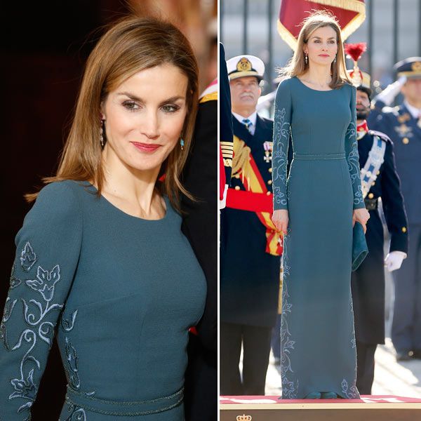 Doña Letizia repitió el mismo diseño de Felipe Varela que llevó el pasado febrero, aún como princesa, en la recepción de Año Nuevo al cuerpo diplomático
