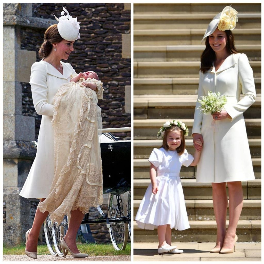 kate middleton con vestido color blanco roto de alexander mcqueen en bautizo de princesa charlotte en 2015 y boda de meghan markle en 2018