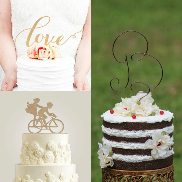 'CAKE TOPPERS' al láser con la palabra 'Amor' en ingles, de BetterOffWed; de alambre y con una inicial única en tipografía romántica, de WeddingPros; y con una parejita de niños en bici, de LaserDesignShop. Todos vía Etsy.
