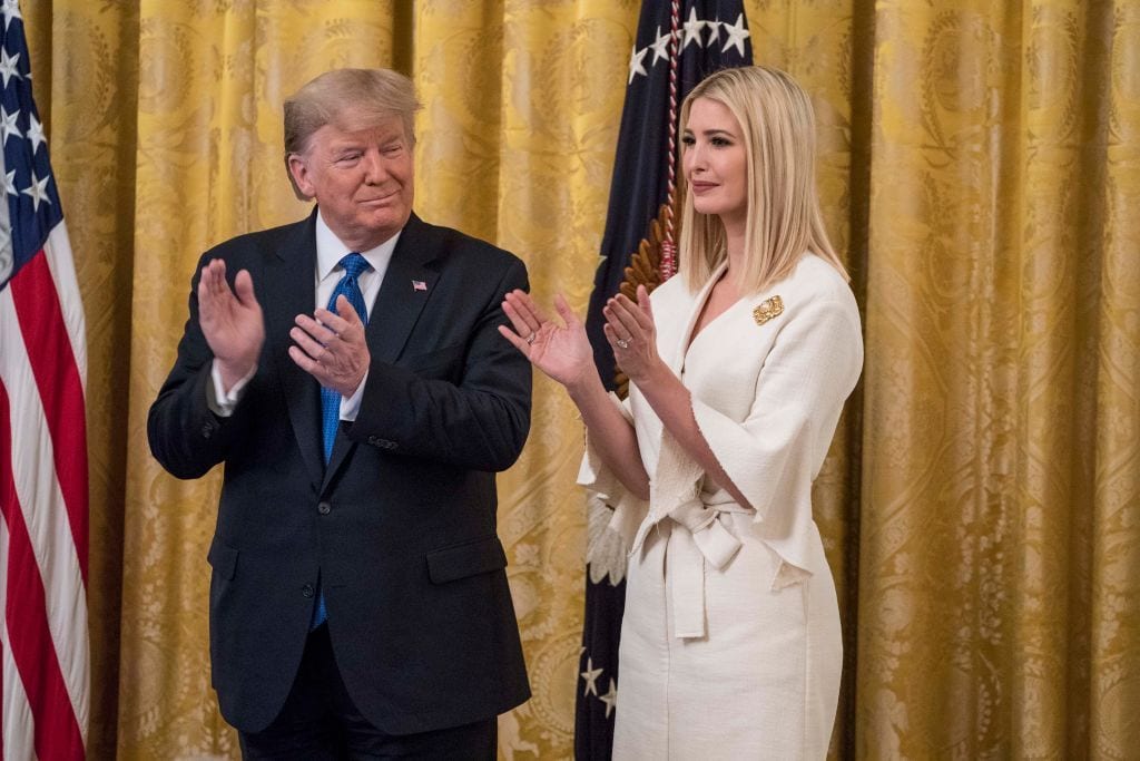 WASHINGTON, DC - JANUARY 31: US President Donald Trump and Senior Advisor to President Trump, Ivanka Trump participate in the "White House Summit on Human Trafficking: The 20th Anniversary of the Trafficking Victims Protection Act of 2000" event in the East Room of the White House on January 31, 2020 in Washington, DC. (Photo by Sarah Silbiger/Getty Images)