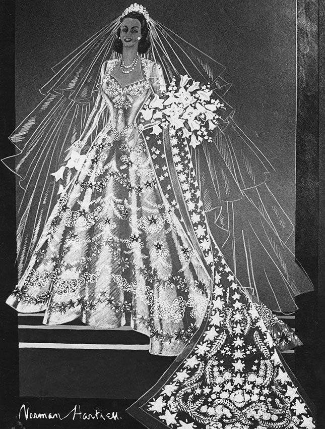 Boceto del vestido de la Reina Isabel II