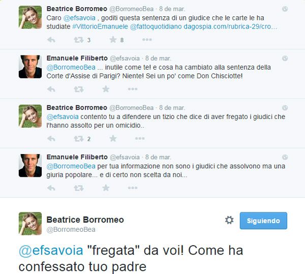 “Estimado @efsavoia aquí está el fallo del juez que ha estudiado las tarjetas”, publicaba Beatrice Borromeo en referencia al soporte en el que se había grabado el material, un comentario que dio pie a un enfrentamiento en el que Filiberto de Saboya opinó que la reciente sentencia es “inútil” y recordó la absolución del tribunal de París
