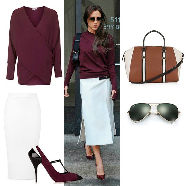 Otro look perfecto para ir a trabajar que se transforma en el afterwork, cortesía de Victoria Beckham. Incluso con falda blanca es posible adaptarse a las últimas horas del día, especialmente en Naviad y combinando este básico con prendas y accesorios en tonos burdeos. Añade un maxicollar de pedrería o brazaletes en color oro para darle un toque festivo, y cambia el bolso de día por uno de fiesta.
