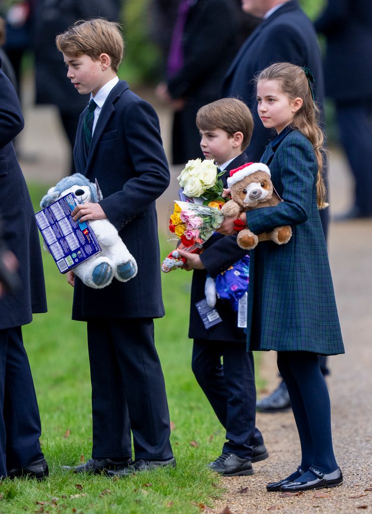 SANDRINGHAM, NORFOLK - DECEMBER 25: Prince George of Wales with Princess Charlotte of Wales and Prince Louis of Wales attend the Christmas Morning Service at St Mary Magdalene Church on December 25, 2024 in Sandringham, Norfolk. (Photo by Mark Cuthbert/UK Press via Getty Images)