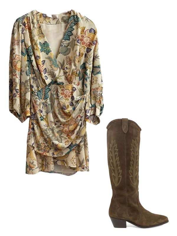 Vestido floral y botas cowboy