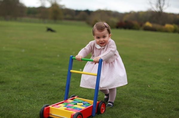 En esta instantánea podemos ver a la hija del príncipe Guillermo y la duquesa Catherine jugando en los jardines, empujando un colorido carrito lleno de bloques con números y letras y pasándolo en grande
