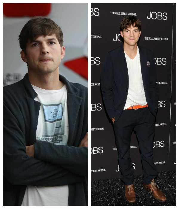 Ashton Kutcher con uno de sus mejores looks, durante un screening de 'Jobs' en Nueva York, con dos piezas oscuro con camiseta blanca, pañuelo en el bolsillo del pecho y accesorios en naranja.
