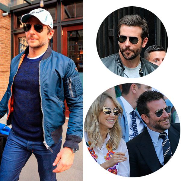 Bradley Cooper, con barbilla afilada y rostro tipo corazón, con gafas estilo aviador de montura metálica.
