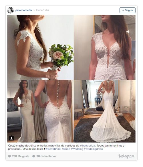 La novia eligió para la ocasión un vestido muy sexy de Berta Bridal. "Costó mucho decidirse entre las maravillas de vestidos de Berta Bridal. Todos tan femeninos y preciosos... Una delicia textil ♥️", ha escrito junto a esta foto en la que se aprecian todos los detalles del diseño, que tenía un escote en la espalda de lo más atrevido
