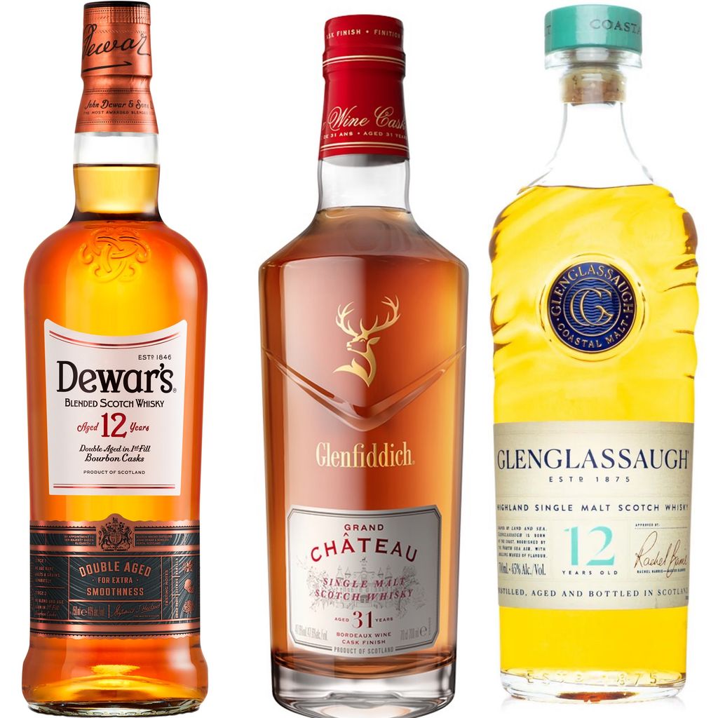 Whiskys: Dewar's 12, Glenfiddich Grand Château y Glenglassaugh 12