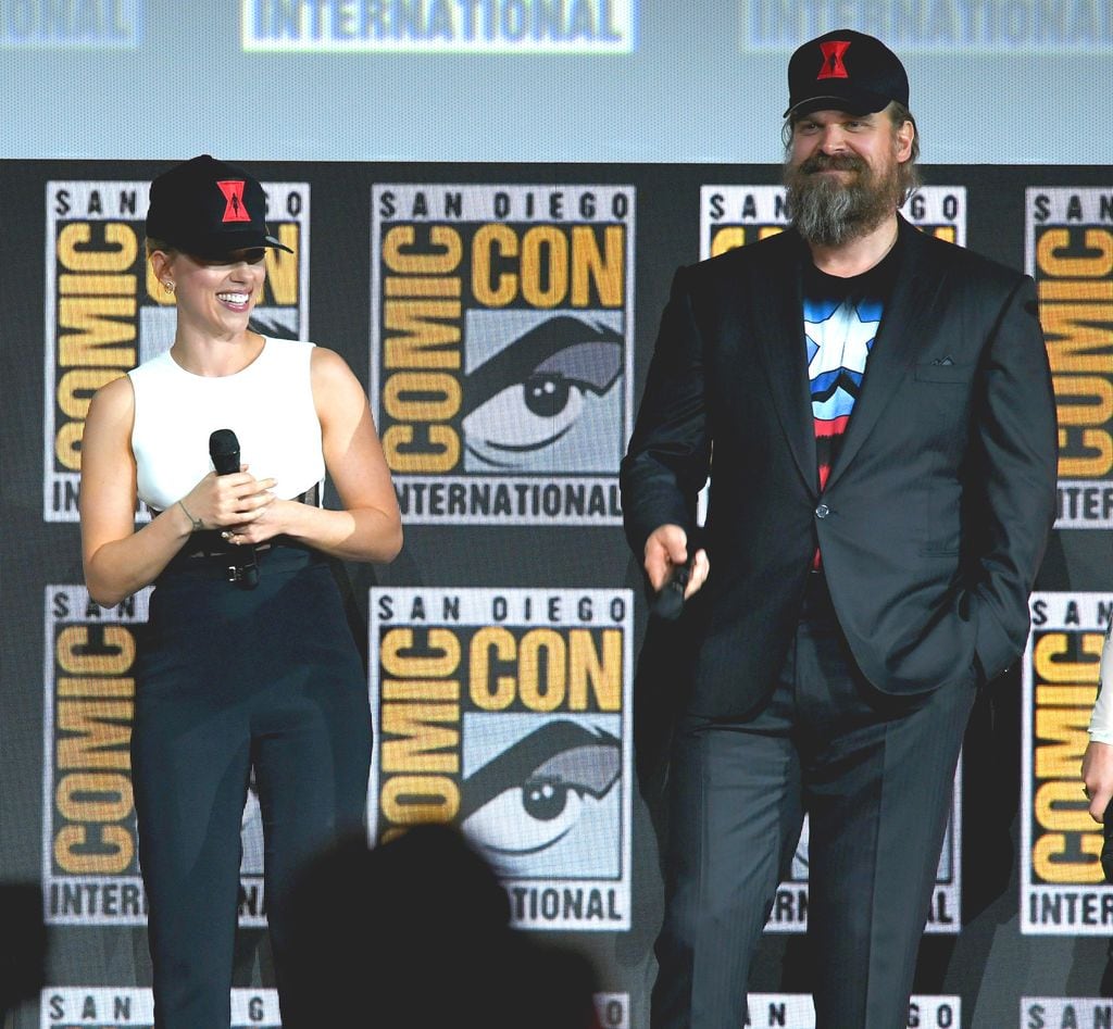 Scarlett y David, en la presentación de 'Black Widow'