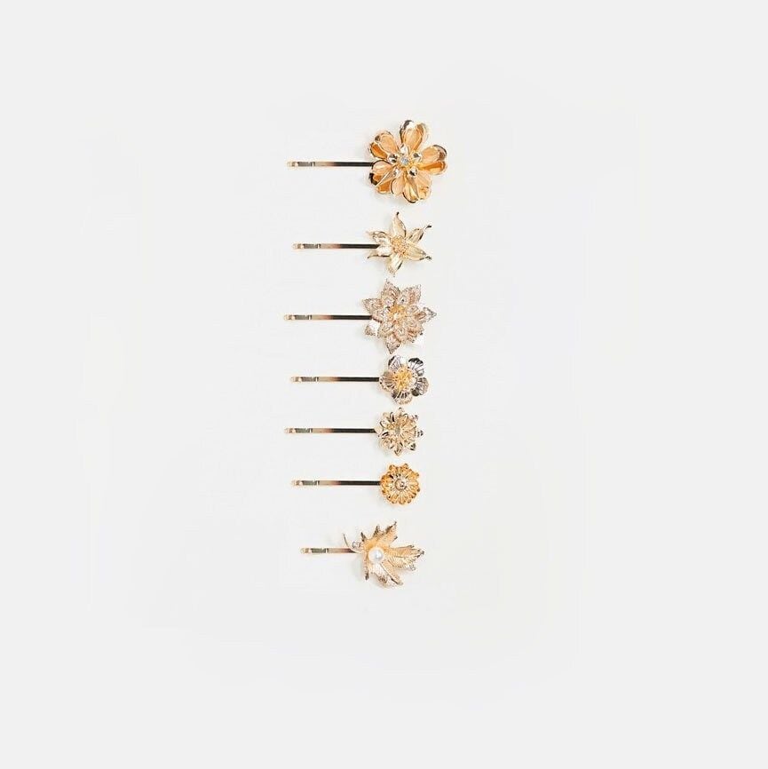 asos design pack of 7 hair clips in mixed floral leaf designs in gold tone