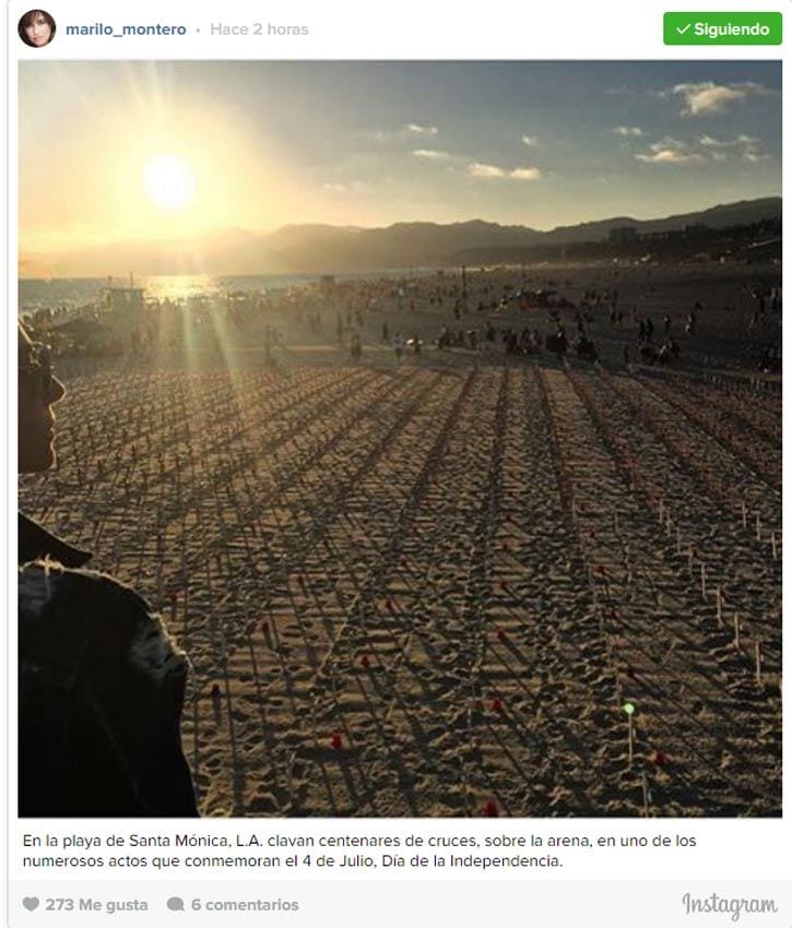 La presentadora navarra ha colgado una imagen en Instagram en una playa de Santa Mónica en uno de los numerosos actos que conmemoran el 4 de Julio, Día de la Independencia de Estados Unidos
