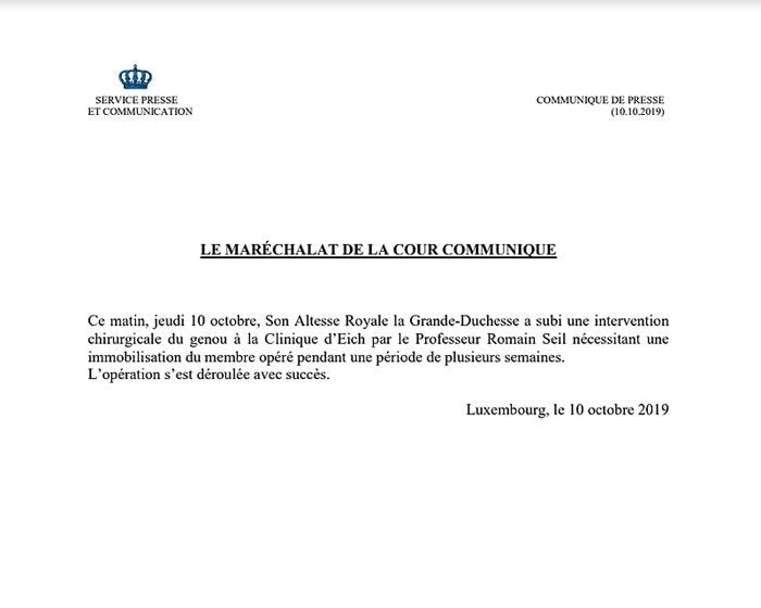 Comunicado de la operación de rodilla de María Teresa de Luxemburgo