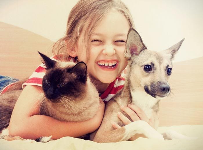 niña con un gato y un perro