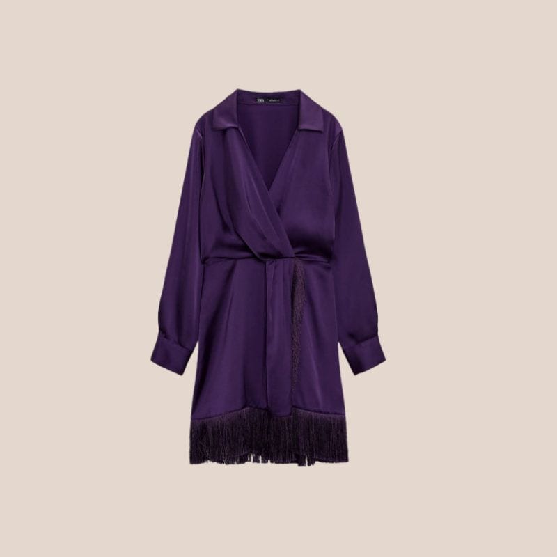 zara vestido corto satinado morado flecos