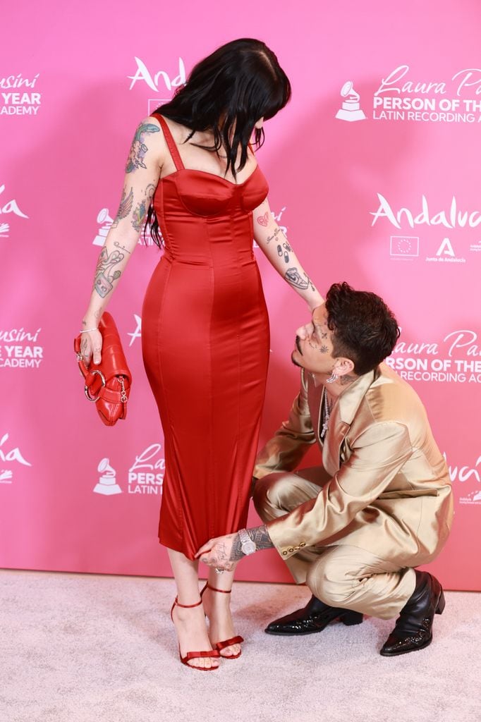 SEVILLE, SPAIN - NOVEMBER 15: Cazzu and Christian Nodal attend The Latin Recording Academy's 2023 Person of the Year Gala Honoring Laura Pausini at FIBES Conference and Exhibition Centre on November 15, 2023 in Seville, Spain. (Photo by Patricia J. Garcinuno/WireImage)