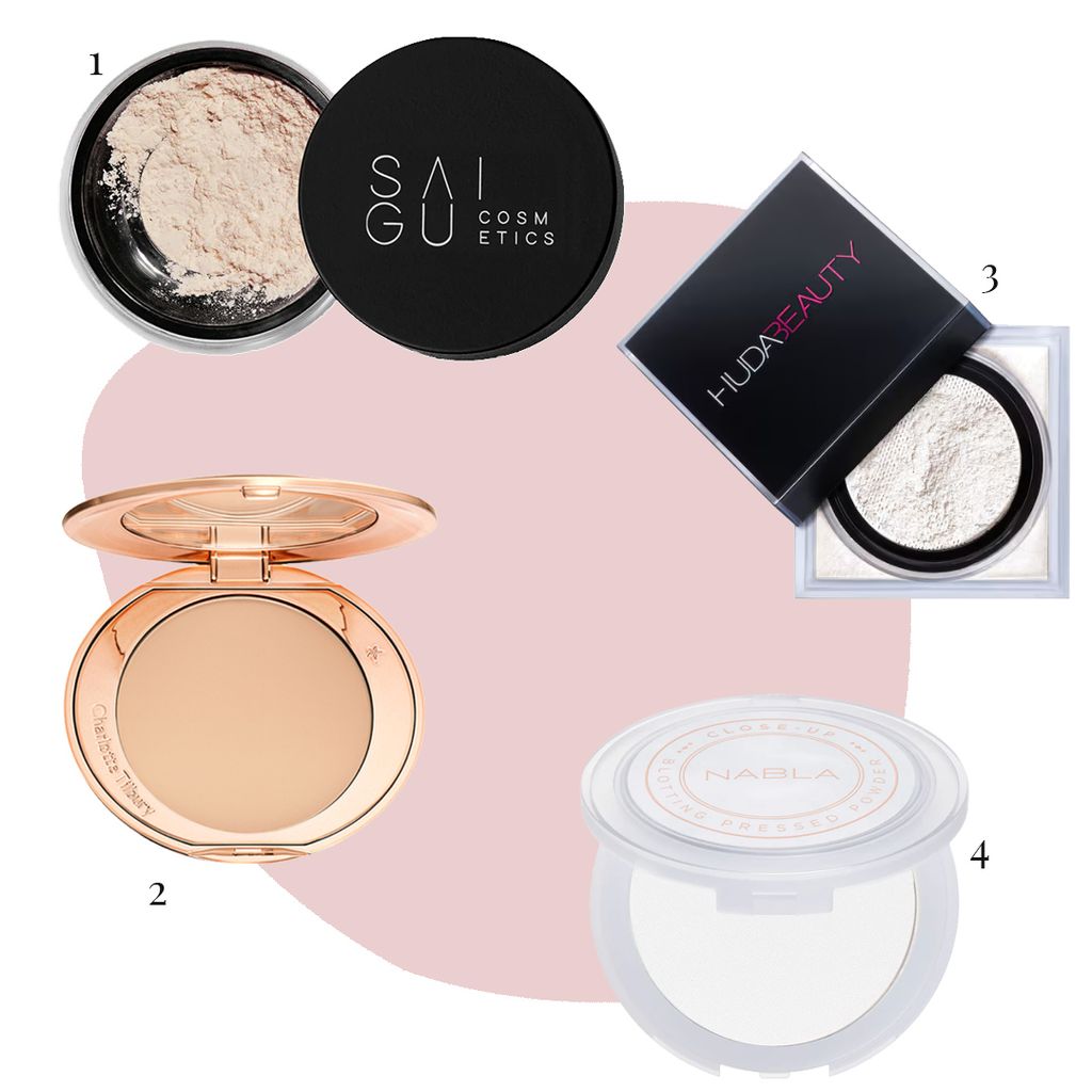 1) 'Polvos translúcidos', Saigu / 2) 'Airbrush Flawless Finish', Charlotte Tilbury / 3) 'Easy Bake Loose Powder', Huda Beauty / 4) 'Close Up Blotting Pressed Powder', Nabla