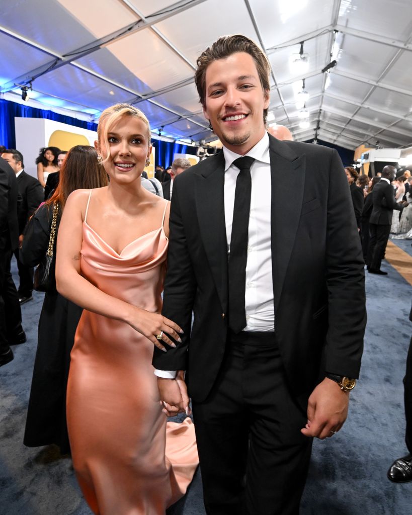 Millie Bobby Brown, Jake Bongiovi at the 31st Screen Actors Guild Awards held at Shrine Auditorium and Expo Hall on February 23, 2025 in Los Angeles, California. (Photo by Michael Buckner/Variety via Getty Images)