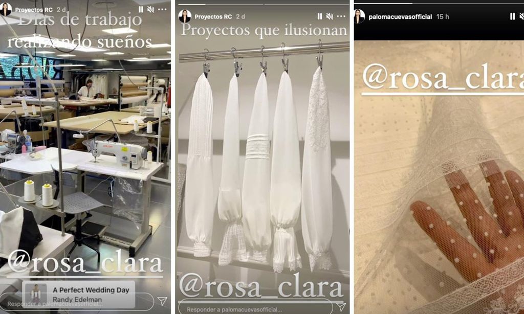 
Las imágenes que ha compartido del taller de Rosa Clará, en Barcelona, donde ha estado trabajando en su colección de vestidos de fiesta. A la derecha, una muestra del tejido del traje que su hija Bianca llevará el día de su Primera Comunión y que también ha diseñado con Clará.
