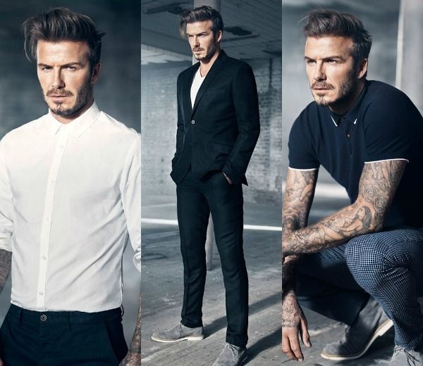 Tres de los looks elegidos por David Beckham de la línea de básicos de H&M: camisa blanca de popelín, americana oscura con pantalón chino y polo oscuro.
