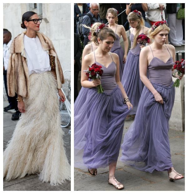 Las damas de honor de Leah Wood, hija de Ronnie Wood, de los Rolling Stones. Todas con el mismo diseño bailarina en color morado, con falda de tul y top de tirantes, gladiadoras metalizadas en rosa y ramo de flores.
