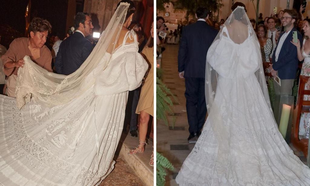 
La radiante novia, entrando en la iglesia de San Pedro Claver.
