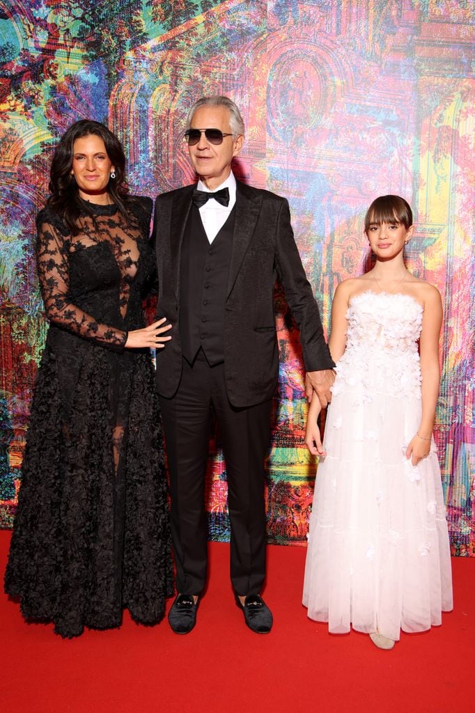 ROME, ITALY - OCTOBER 20: (L-R) Veronica Berti, Andrea Bocelli and Virginia Bocelli attend the "Andrea Bocelli 30 - The Celebration" red carpet at Sala Sinopoli on October 20, 2024 in Rome, Italy. (Photo by Daniele Venturelli/WireImage)