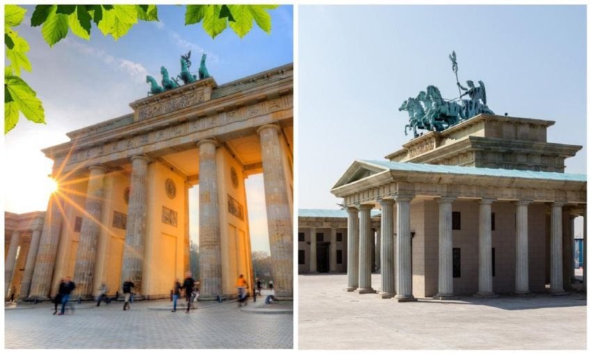 puerta de brandenburgo de berlin y su replica en el parque europa de la localidad de torrejon de ardoz en madrid