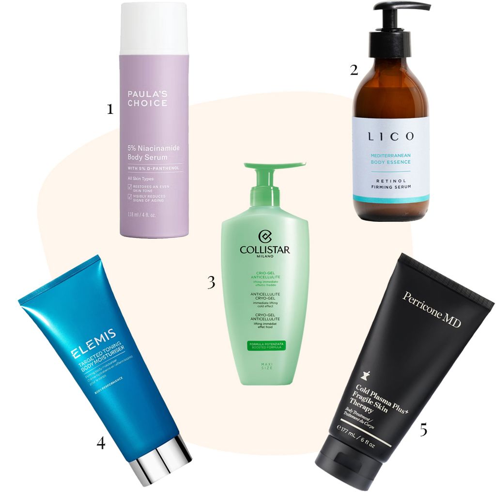 1) 'Daily Replenishing Body Cream', Paula's Choice / 2) 'Retinol Firming Serum', LICO / 3) 'Criogel anticelulítico', Collistar / 4) 'Targeted Toning Body Moisturiser', Elemis / 5) 'Cold Plasma Plus+ Fragile Skin Therapy', Perricone MD