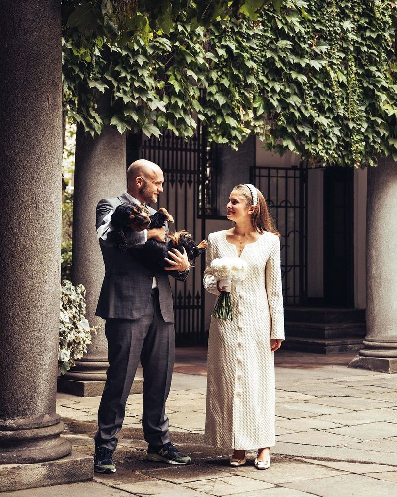 Matilde Ferri’s sophisticated bridal look with a mesh dress and headband for her intimate wedding in Milan