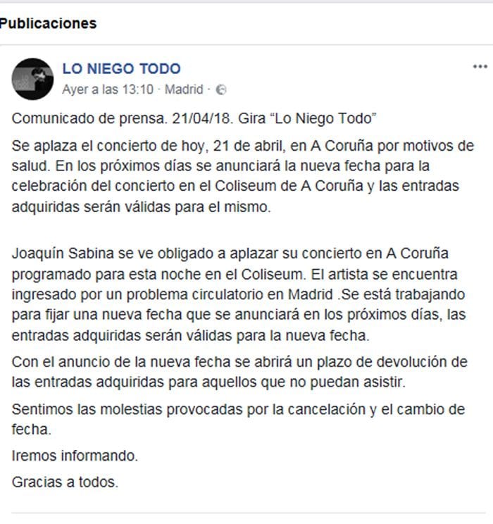 Comunicado de la gira de Joaquín Sabina