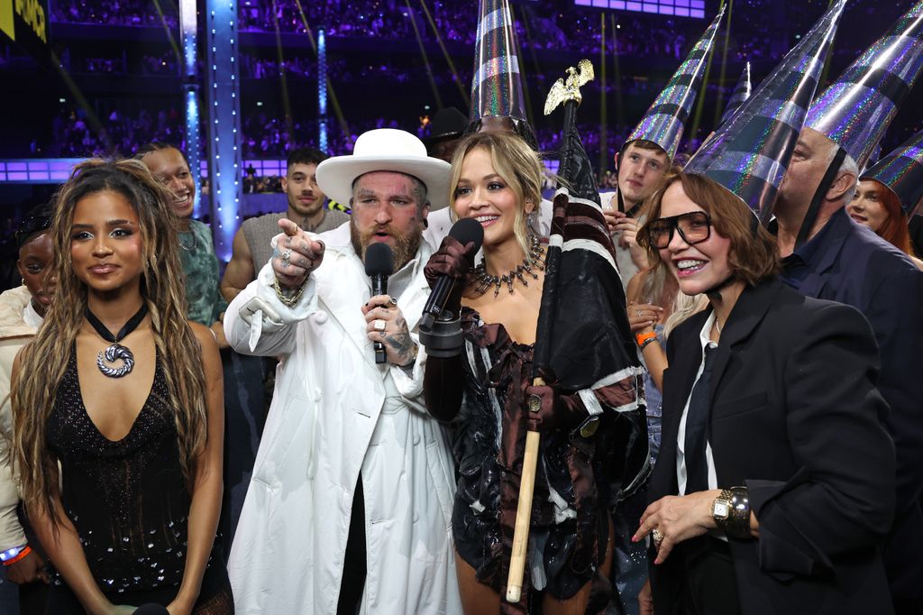 MANCHESTER, ENGLAND - NOVEMBER 10: Tyla, Teddy Swims and Host Rita Ora at the MTV EMAs 2024 held at Co-op Live on November 10, 2024 in Manchester, England. (Photo by Kevin Mazur/Getty Images for Viacom International)