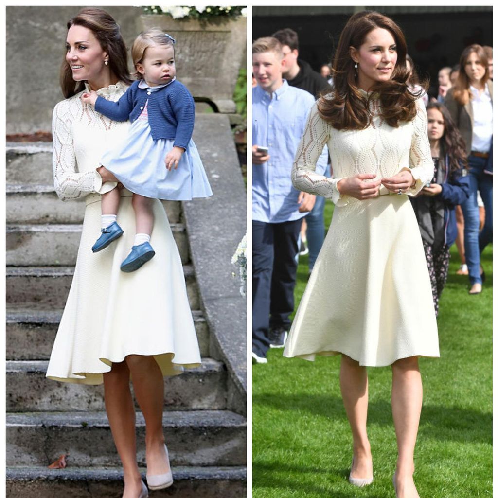 kate middleton con vestido light yellow corto de see by chloe en viaje a canad en 2016 y en evento en el palacio de buckingham en 2017