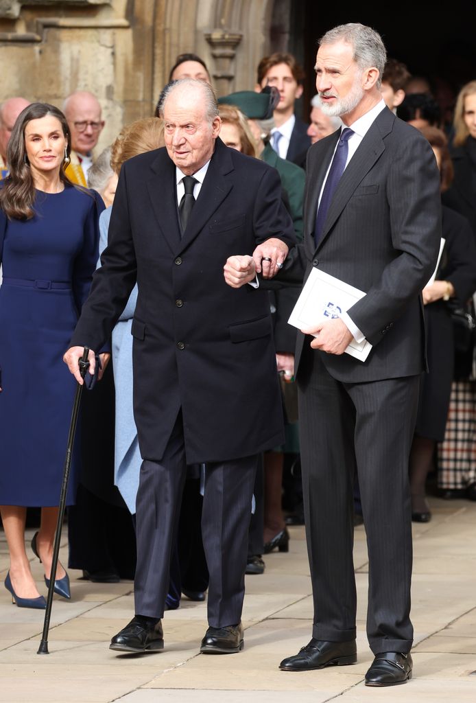 WINDSOR, ENGLAND - FEBRUARY 27: Juan Carlos I and Felipe VI of Spain depart the Thanksgiving Service for King Constantine of the Hellenes at St George's Chapel on February 27, 2024 in Windsor, England. Constantine II, Head of the Royal House of Greece, reigned as the last King of the Hellenes from 6 March 1964 to 1 June 1973, and died in Athens at the age of 82. (Photo by Chris Jackson/Getty Images)