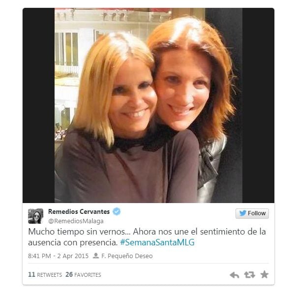 Eugenia Martínez de Irujo ha preferido quedarse en Málaga, tal y como refleja esta imagen compartida en las redes sociales por Remedios Cervantes, bloguera de HOLA.com
