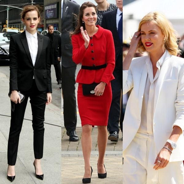 Los looks monocolor son un clásico del power dressing femenino: Charlize Theron lo apuesta todo al blanco, con sastre con pantalón y americana y camisa all white.
