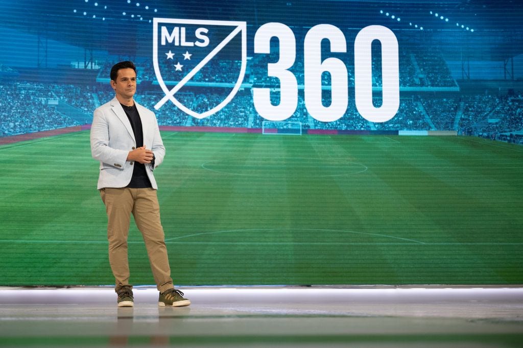 Feb 15, 2024; New York, NY, USA; Tony Cherchi presents at MLS Studios. Mandatory Credit: Mark Smith-USA TODAY Sports