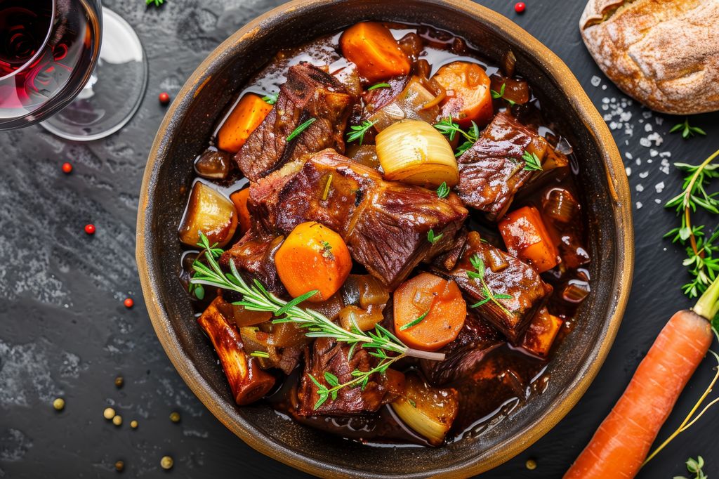 Costillas de ternera con patata y otros vegetales.