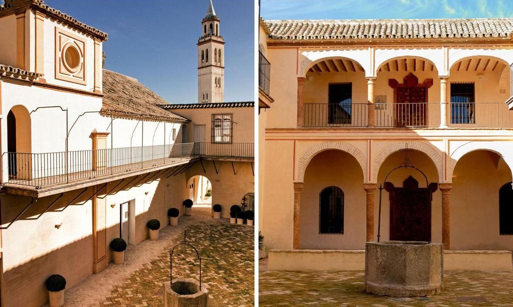 
El patio principal, donde posa —arriba, a la izquierda— Alonso Moreno de la Cova. En esta imagen, se ve la torre de la iglesia de Nuestra Señora de la Asunción de Lora del Río. El paisajismo es obra de Inés Parias. Arriba, Beatriz, sentada junto a unas cuadras de madera. “Desde pequeña, me interesó la moda y, sobre todo, me encanta la gente y sus universos”, nos dice
